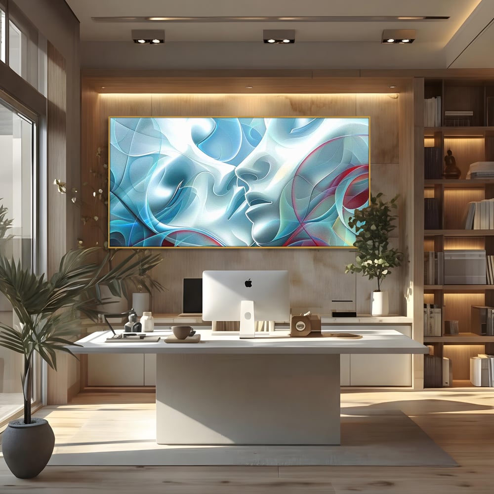 Tablou canvas cu tablou canvas cu chipuri umane contopite, in rama de aluminiu auriu, pe perete intr-un birou